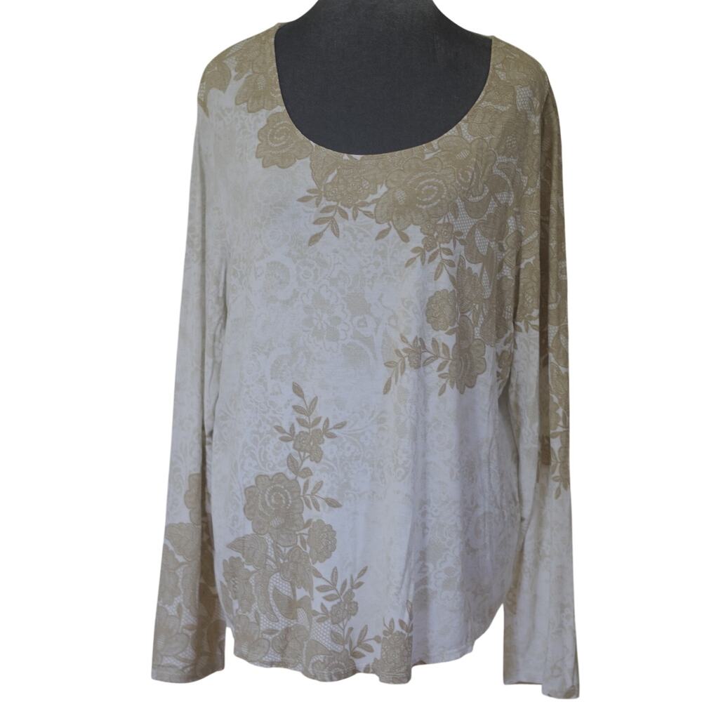 Chico's Floral Long Sleeve Tee Size 3 White Cream Soft Knit Coastal Grandma
